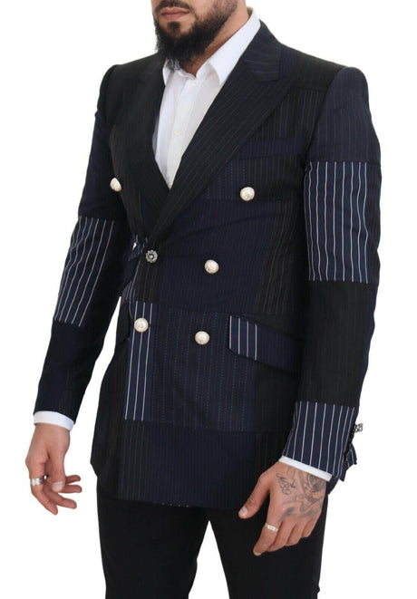 Dolce & Gabbana Blue Wool Patchwork Double Breasted Blazer - Hilstor