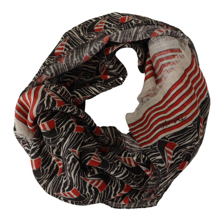 Dolce & Gabbana Black Red Linen Sailboat Stripe Print Shawl Scarf - Hilstor