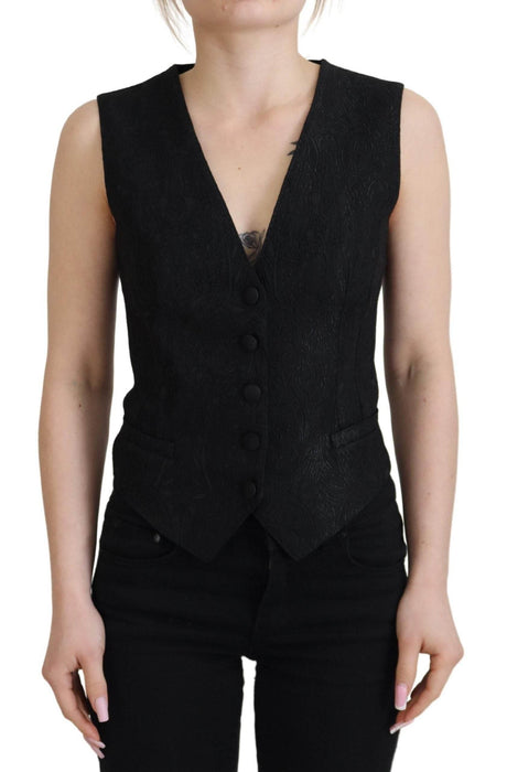 Dolce & Gabbana Black Brocade Button Down Sleeveless Vest Top - Hilstor