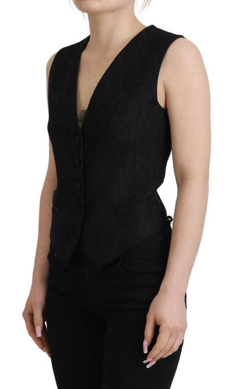Dolce & Gabbana Black Brocade Button Down Sleeveless Vest Top - Hilstor