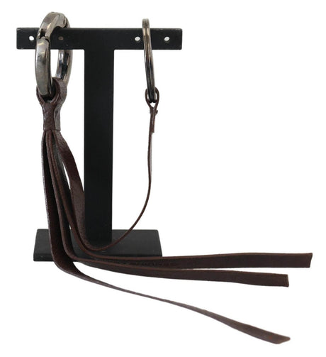 Costume National Brown Leather Silver Tone Metal Keyring Keychain - Hilstor