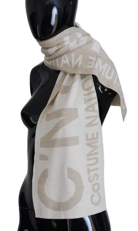 Costume National Beige White Logo Wrap Warmer Shawl Scarf - Hilstor