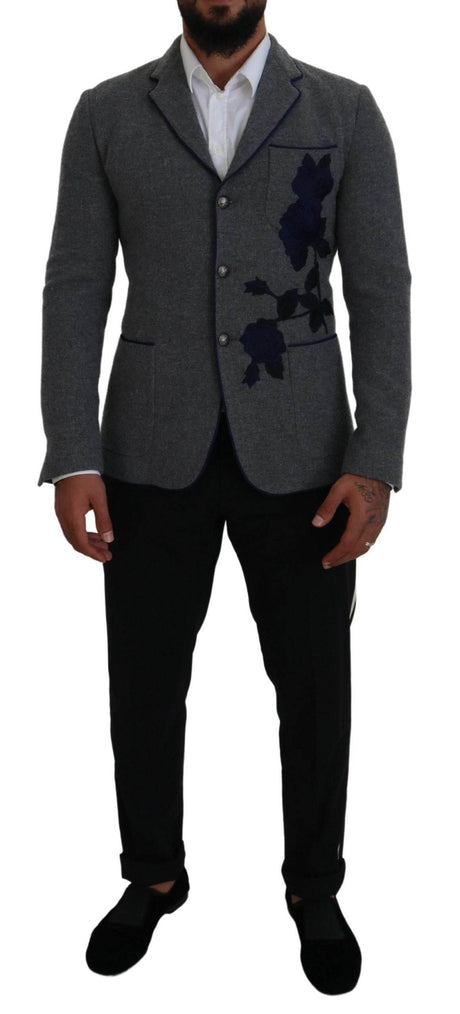 Dolce & Gabbana Gray Wool Roses Slim Fit Jacket Blazer - Hilstor