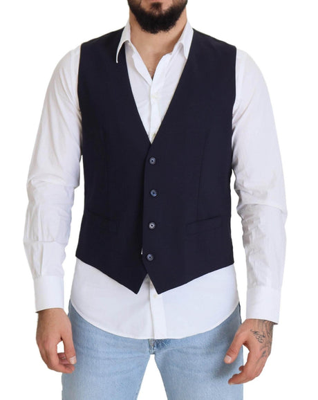 Dolce & Gabbana Dark Blue Wool Stretch Waistcoat Formal Vest - Hilstor