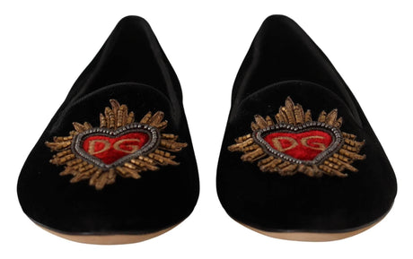 Dolce & Gabbana Black DG Sacred Heart Patch Slip On Flat Shoes - Hilstor