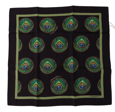 Dolce & Gabbana Black Peacock Feather DG Printed Square Handkerchief Scarf - Hilstor