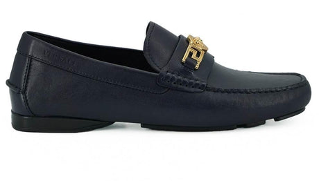 Versace Elegant Navy Blue Calf Leather Loafers - Hilstor