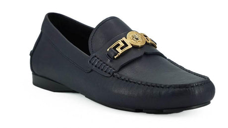 Versace Elegant Navy Blue Calf Leather Loafers - Hilstor