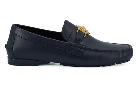 Versace Elegant Navy Blue Calf Leather Loafers - Hilstor