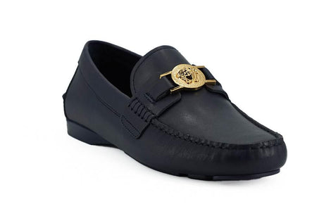 Versace Elegant Navy Blue Calf Leather Loafers - Hilstor
