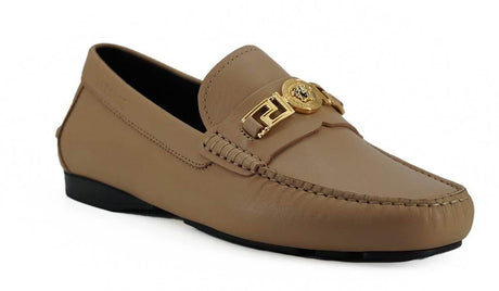 Versace Exquisite Medusa Gold-Tone Leather Loafers - Hilstor