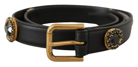 Dolce & Gabbana Black Leather Embellished Crystal Logo Belt - Hilstor