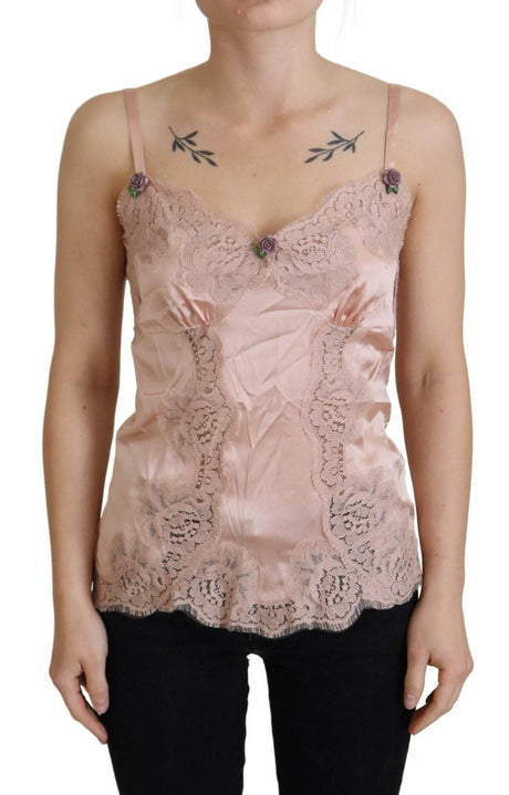 Dolce & Gabbana Pink Satin Lace Roses Tank Top Lingerie - Hilstor