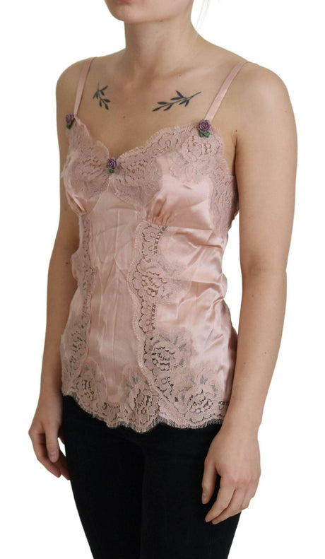 Dolce & Gabbana Pink Satin Lace Roses Tank Top Lingerie - Hilstor