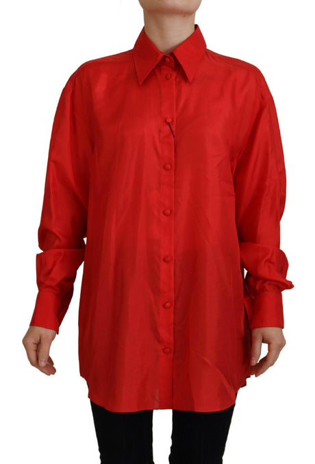 Dolce & Gabbana Red Silk Collared Long Sleeves Dress Shirt Top - Hilstor