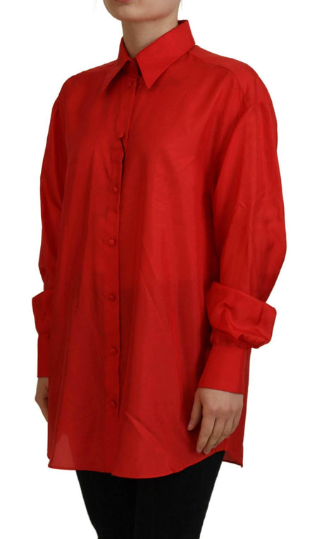 Dolce & Gabbana Red Silk Collared Long Sleeves Dress Shirt Top - Hilstor