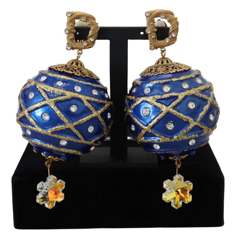 Dolce & Gabbana Gold Brass Blue Dangle Ball Crystal Clip On Earrings - Hilstor
