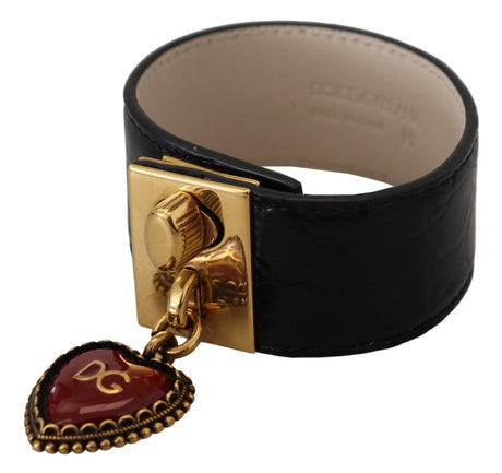 Dolce & Gabbana Black Dauphine Leather DG Heart Key Ring Bracelet - Hilstor