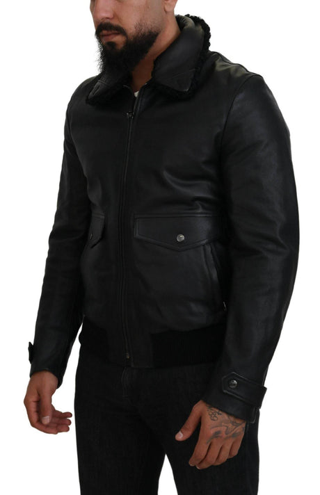 Dolce & Gabbana Black Lamb Leather Collared Men Coat Jacket - Hilstor