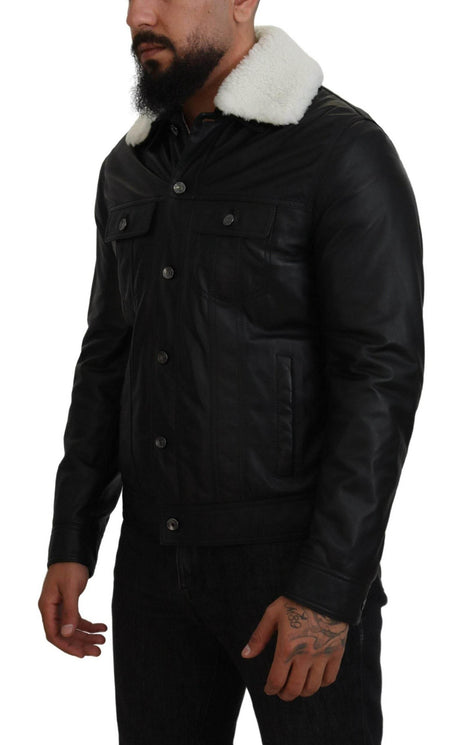 Dolce & Gabbana Black Lamb Leather Collared Men Coat Jacket - Hilstor