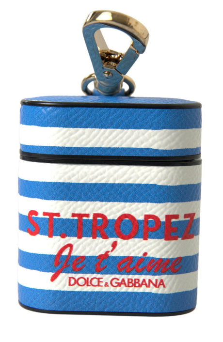 Dolce & Gabbana Blue Stripe Dauphine Leather Logo Print Airpod Case - Hilstor