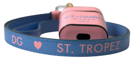 Dolce & Gabbana Pink Blue Calf Leather Logo Print Strap Airpods Case - Hilstor
