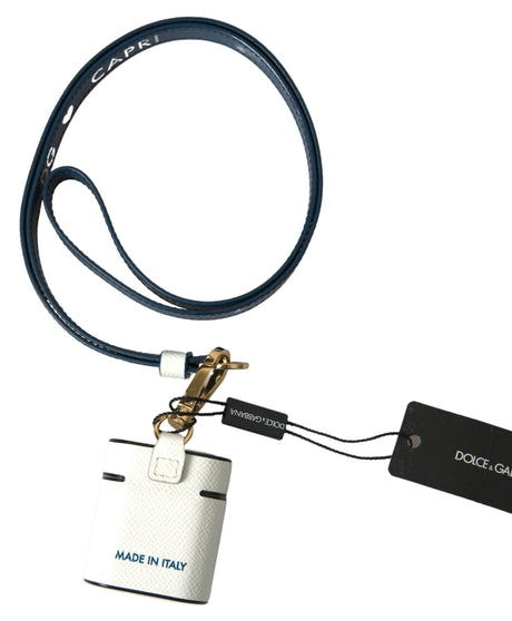 Dolce & Gabbana White Blue Calf Leather Logo Print Strap Airpods Case - Hilstor