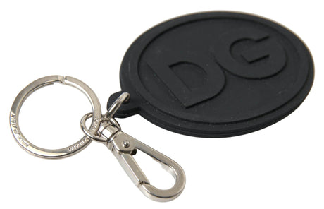 Dolce & Gabbana Black Rubber DG Logo Silver Brass Metal Keychain - Hilstor