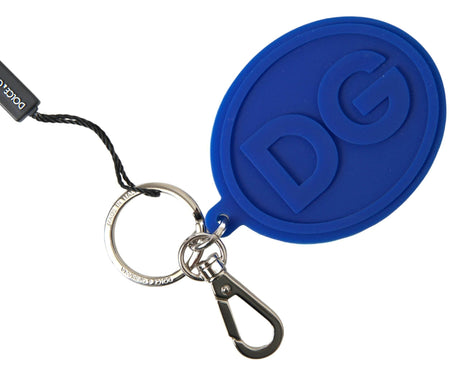 Dolce & Gabbana Blue Rubber DG Logo Silver Brass Metal Keyring Keychain - Hilstor