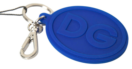 Dolce & Gabbana Blue Rubber DG Logo Silver Brass Metal Keyring Keychain - Hilstor