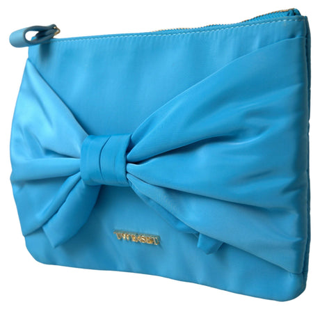 Twinset Blue Tafta Silk Large Bow Zipper Clutch Women Borse Logo Bag - Hilstor