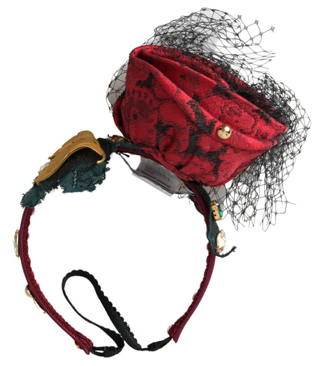 Dolce & Gabbana Red with multicolor Rose Silk Crystal Netted Logo Diadem Headband - Hilstor