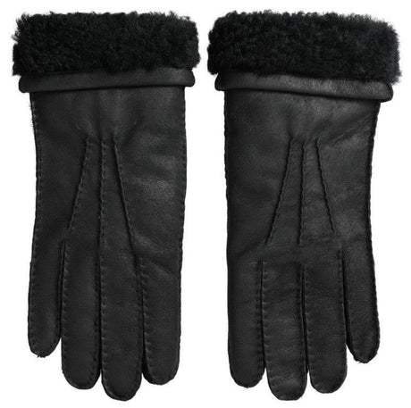Dolce & Gabbana Black Leather Fur Short Hands Mitten Men Gloves - Hilstor
