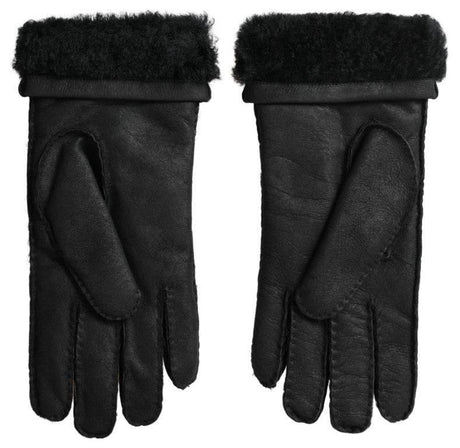 Dolce & Gabbana Black Leather Fur Short Hands Mitten Men Gloves - Hilstor