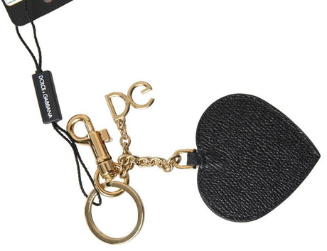 Dolce & Gabbana Black Fuchsia Heart Leather Gold Metal Keyring Keychain - Hilstor
