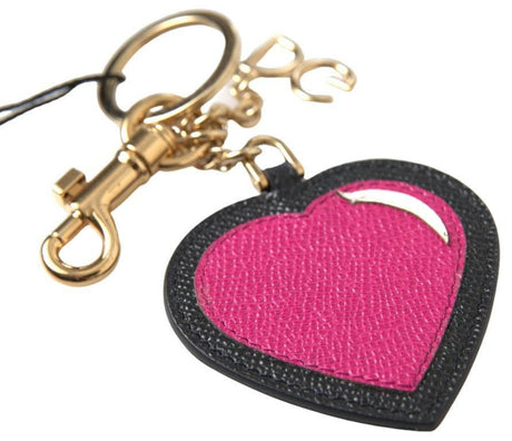Dolce & Gabbana Black Fuchsia Heart Leather Gold Metal Keyring Keychain - Hilstor