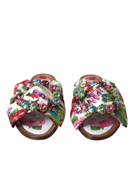 Dolce & Gabbana Multicolor Floral Flats Crystal Sandals Shoes - Hilstor