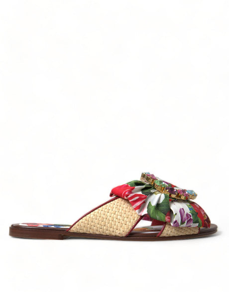 Dolce & Gabbana Multicolor Floral Flats Crystal Sandals Shoes - Hilstor