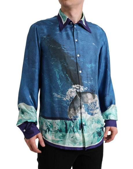 Dolce & Gabbana Blue Ocean Print Silk Collared Button Down Shirt - Hilstor