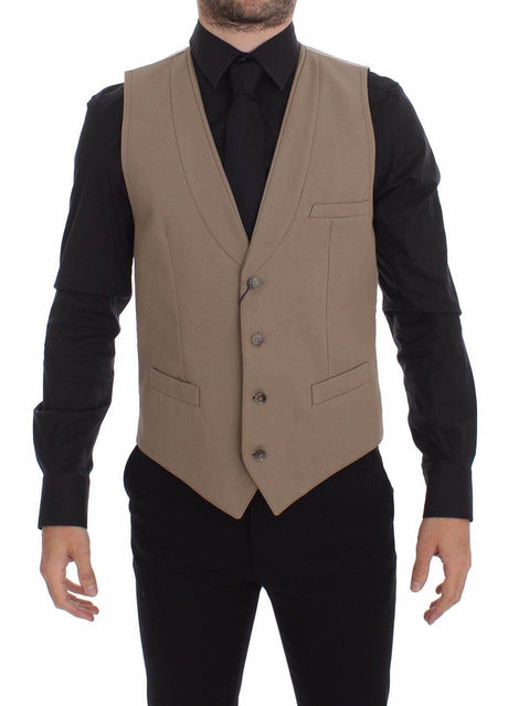 Dolce & Gabbana Beige Cotton Slim Fit Button Front Dress Vest - Hilstor