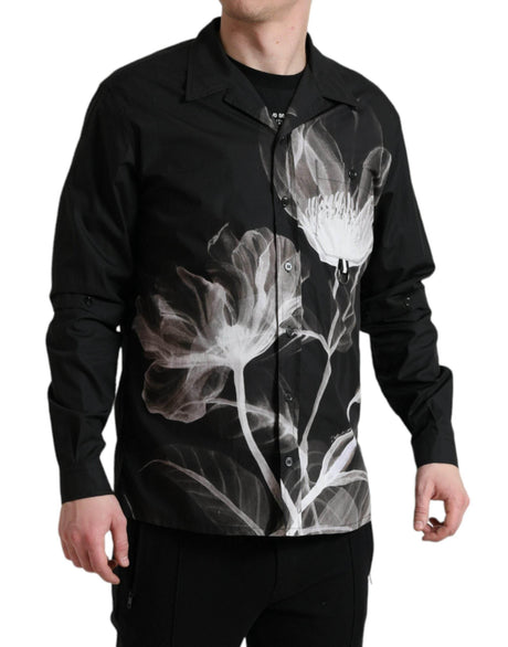 Dolce & Gabbana Black Floral Cotton Collared Long Sleeves Men Shirt - Hilstor