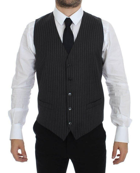 Dolce & Gabbana Gray Striped Wool Single Breasted Vest - Hilstor