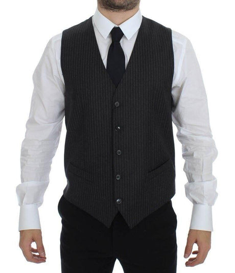 Dolce & Gabbana Gray Striped Wool Single Breasted Vest - Hilstor