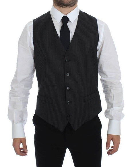 Dolce & Gabbana Gray Striped Wool Single Breasted Vest - Hilstor