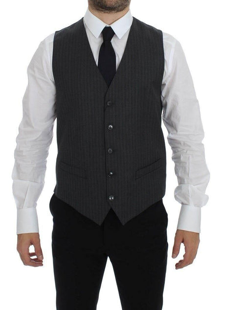 Dolce & Gabbana Gray Striped Wool Single Breasted Vest - Hilstor