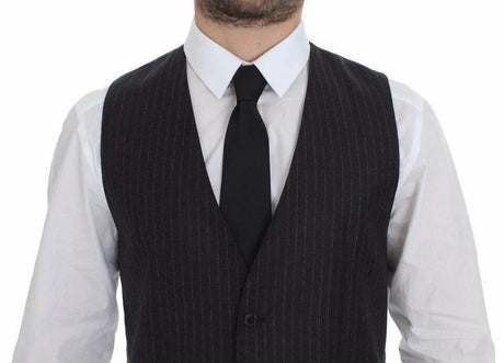Dolce & Gabbana Gray Striped Wool Logo Vest Gilet Vests - Hilstor