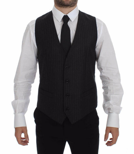 Dolce & Gabbana Gray Striped Wool Logo Vest Gilet Vests - Hilstor