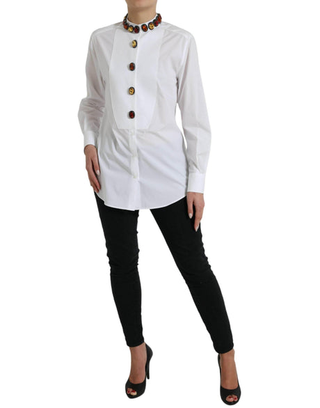 Dolce & Gabbana White Cotton Crystals Embellished Shirt Top - Hilstor
