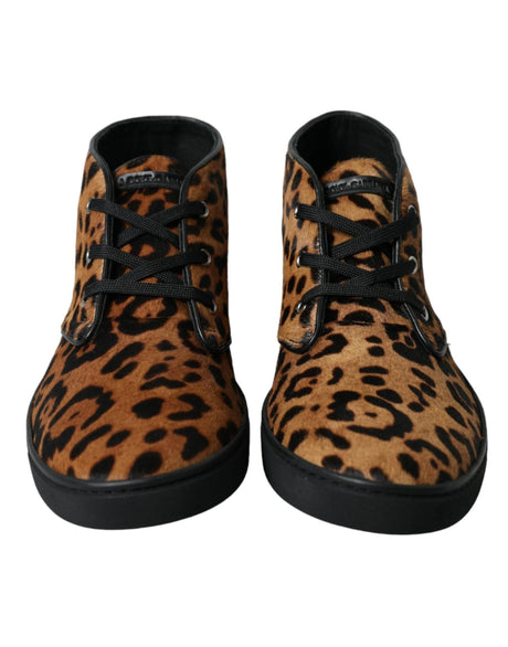 Dolce & Gabbana Brown Leopard Pony Hair Leather Sneakers Shoes - Hilstor