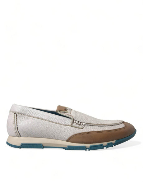 Dolce & Gabbana White Brown Leather Slip On Men Moccasin Shoes - Hilstor